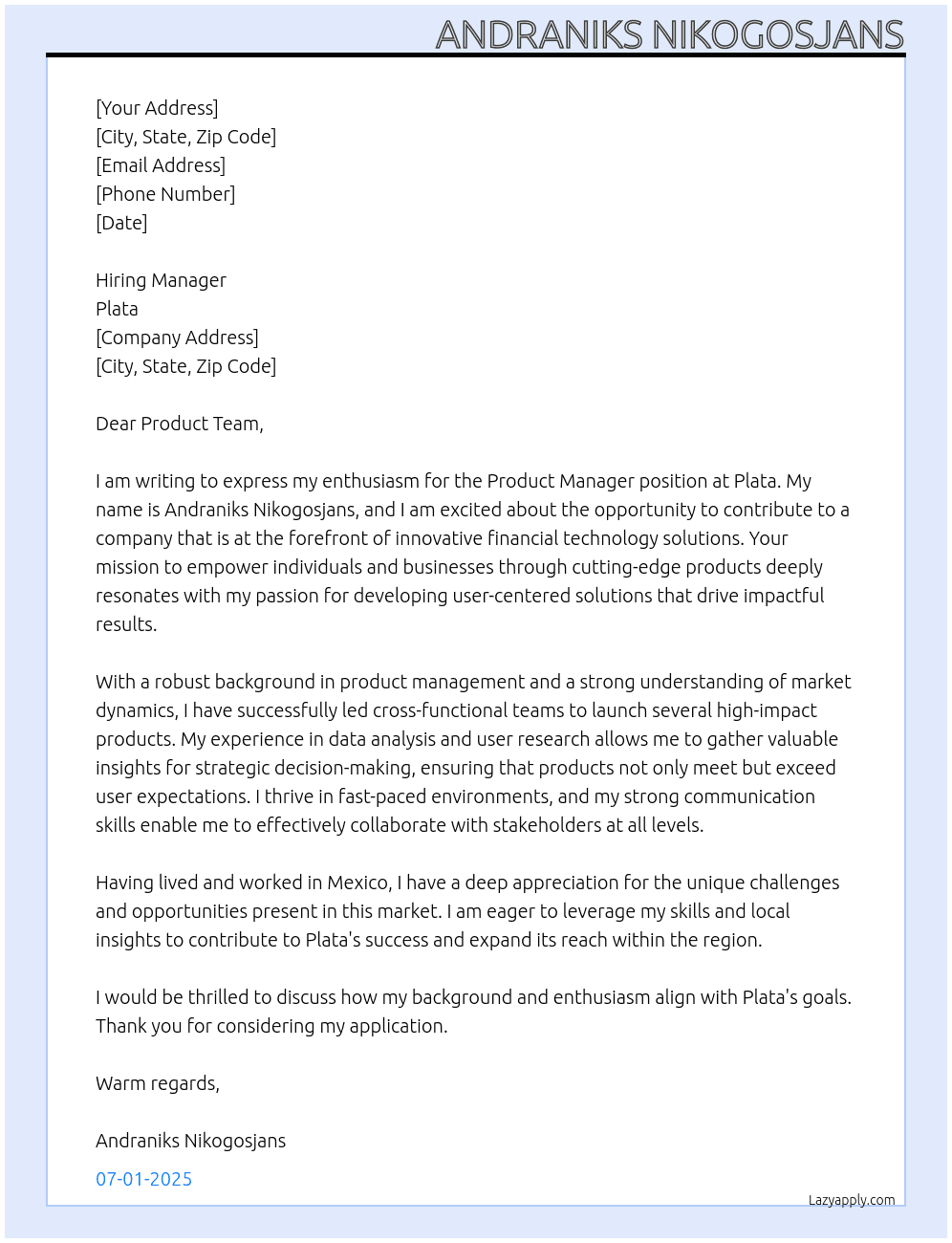 Product Manager At Plata Cover Letter
