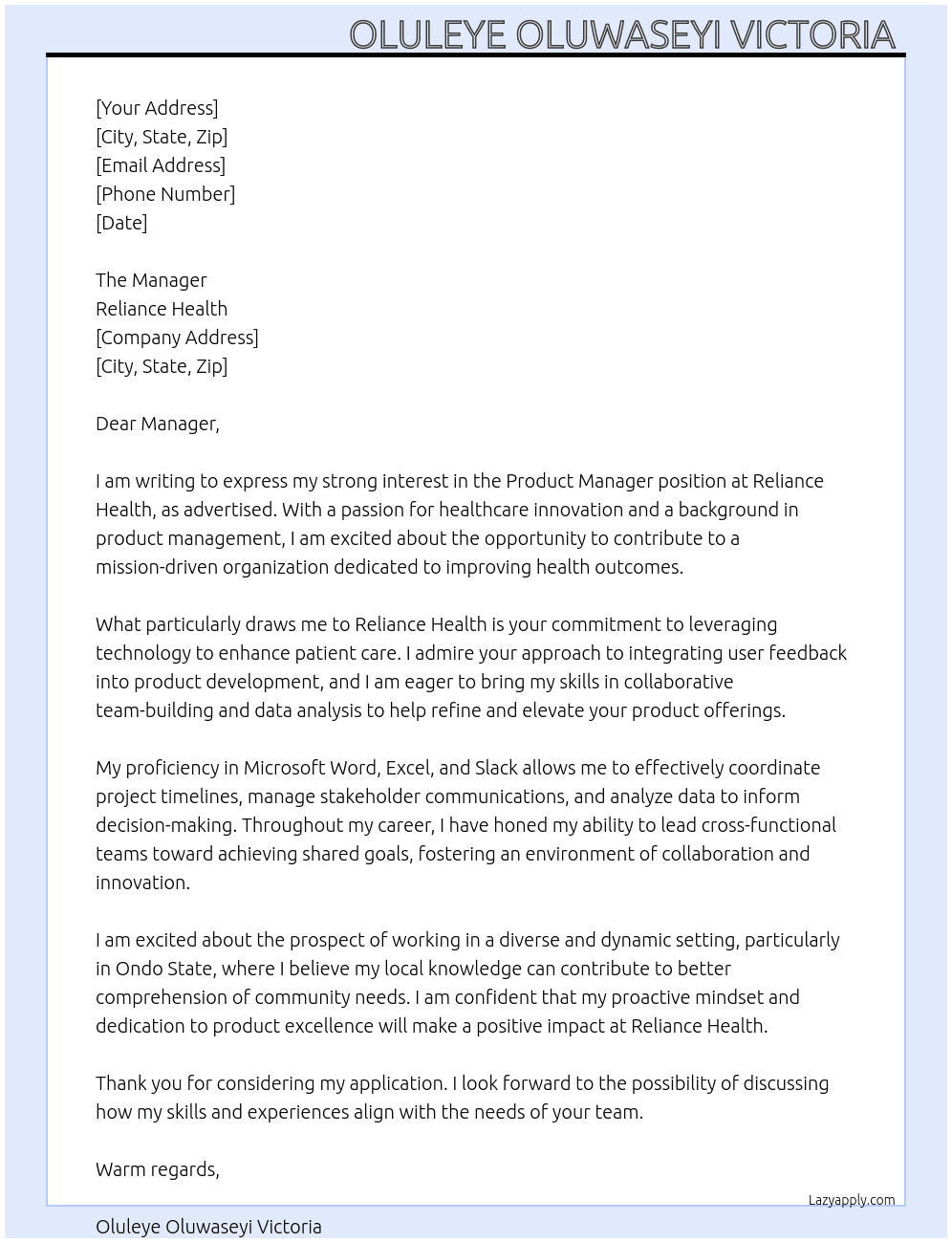 Product manager At Reliance health Cover Letter